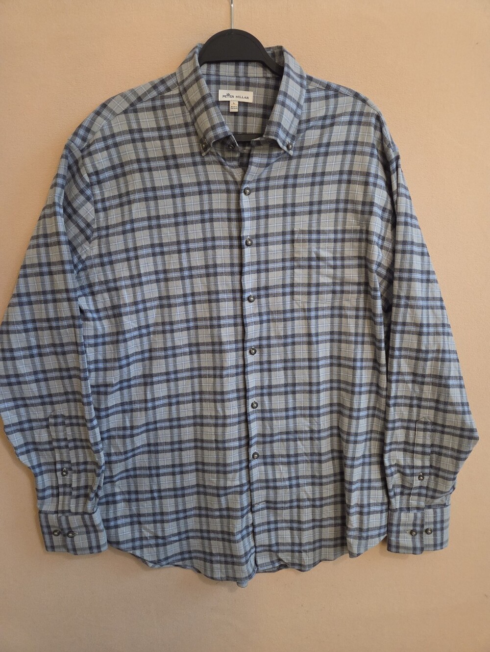 Peter Millar Polyester Nylon Blend Blue Plaid Button Down Shirt Mens Sz L